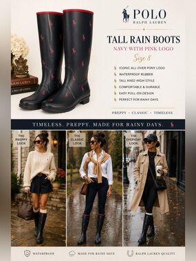 Polo Ralph Lauren Tall Rain Boots Pony Logo Navy Pink Size 8